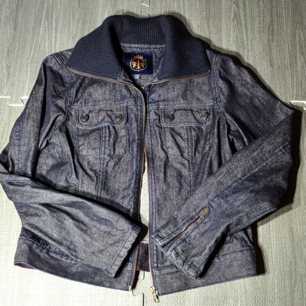 Talbots 8 denim zip jacket with wool blend trim collar.